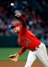 Los Angeles Angels starting pitcher Tyler Skaggs throws to an Oakland Athletics batter during the fourth inning of a baseball game Saturday, June 29, 2019, in Anaheim, Calif. (AP Photo/Marcio Jose Sanchez)