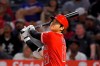 Los Angeles Angels' Shohei Ohtani flies out during the first inning of the team's baseball game against the Cleveland Indians on Tuesday, Sept. 10, 2019, in Anaheim, Calif. (AP Photo/Mark J. Terrill)