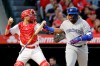 Toronto Blue Jays' Vladimir Guerrero Jr. reacts after striking out against the Los Angeles Angels during the second inning of a baseball game in Anaheim, Calif., Tuesday, April 30, 2019. (AP Photo/Chris Carlson)
