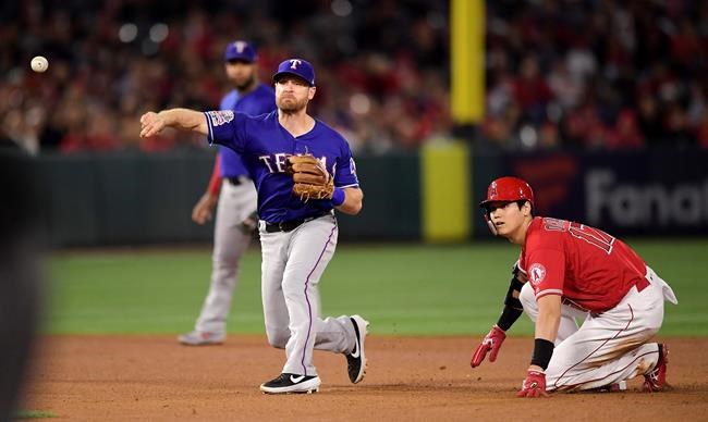 Los Angeles Angels' Shohei Ohtani, of Japan, looks back after being forced out at second as Texas Rangers second baseman Logan Forsythe throws out Albert Pujols at first during the fourth inning of a baseball game Saturday, May 25, 2019, in Anaheim, Calif. (AP Photo/Mark J. Terrill)