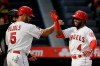 Los Angeles Angels' Luis Rengifo, right, celebrates his three-run home run with Albert Pujols during the second inning of the team's baseball game against the Cincinnati Reds in Anaheim, Calif., Tuesday, June 25, 2019. (AP Photo/Chris Carlson)