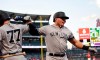New York Yankees' Luke Voit, right, celebrates with Clint Frazier after hitting a solo home run during the first inning of a baseball game against the Los Angeles Angels, Monday, April 22, 2019, in Anaheim, Calif. (AP Photo/Mark J. Terrill)