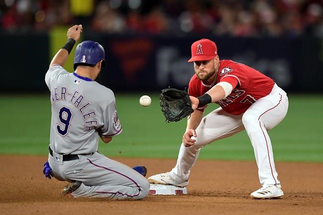 Texas Rangers' Isiah Kiner-Falefa, left, is forced out at second by Los Angeles Angels short stop Zack Cozart on a ball hit by Shin-Soo Choo during the fifth inning of a baseball game Friday, May 24, 2019, in Anaheim, Calif. (AP Photo/Mark J. Terrill)