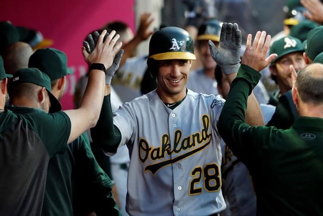 Oakland Athletics' Matt Olson (28) is congratulated in the dugout for his three-run home run during the third inning of the team's baseball game against the Los Angeles Angels on Friday, June 28, 2019, in Anaheim, Calif. (AP Photo/Marcio Jose Sanchez)
