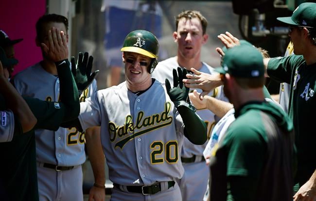 Oakland Athletics' Mark Canha is congratulated by teammates after scoring on a double by Chad Pinder during the second inning of a baseball game against the Los Angeles Angels, Sunday, June 30, 2019, in Anaheim, Calif. (AP Photo/Mark J. Terrill)