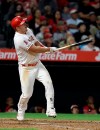 Los Angeles Angels' Mike Trout watches his home run against the Toronto Blue Jays during the sixth inning of a baseball game in Anaheim, Calif., Thursday, May 2, 2019. (AP Photo/Chris Carlson)