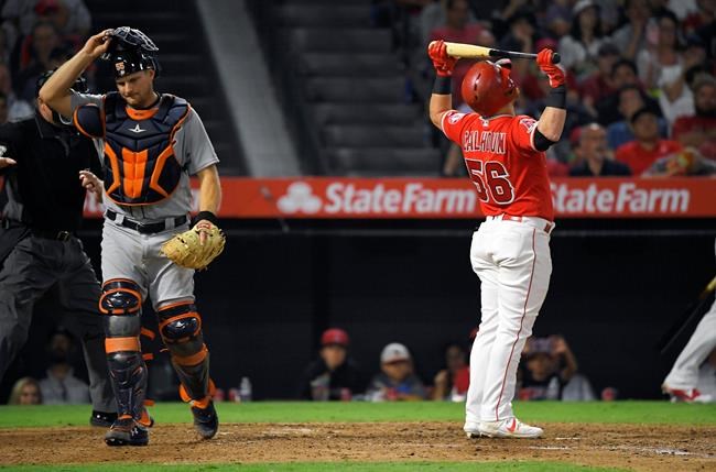 Los Angeles Angels' Kole Calhoun, right, reacts after striking out with the bases loaded as Detroit Tigers catcher John Hicks walks away during the sixth inning of a baseball game, Monday, July 29, 2019, in Anaheim, Calif. (AP Photo/Mark J. Terrill)