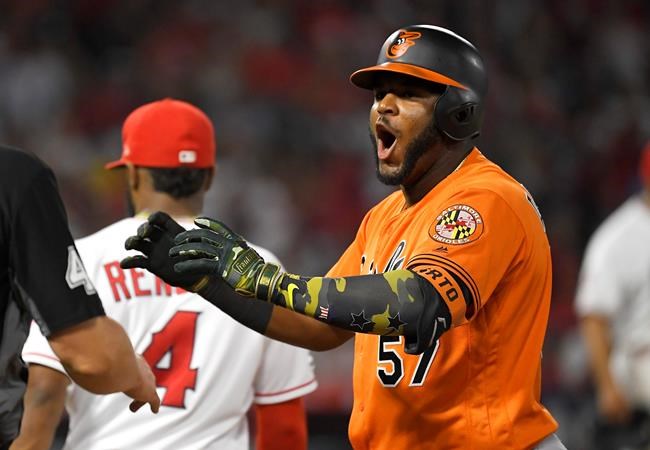 Baltimore Orioles' Hanser Alberto, right, celebrates after hitting a two RBI single as Los Angeles Angels second baseman Luis Rengifo walks away during the eighth inning of a baseball game Saturday, July 27, 2019, in Anaheim, Calif. (AP Photo/Mark J. Terrill)