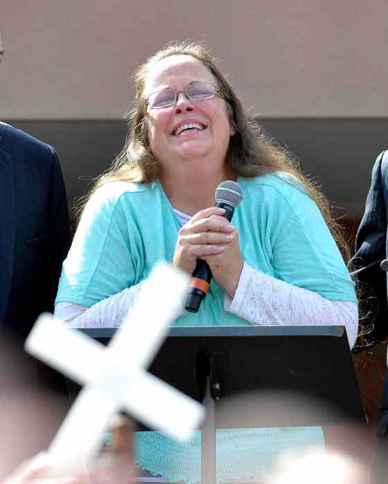Timothy D. Easley / The Associated Press FilesRowan County Clerk Kim Davis pauses as she speaks after being released from the Carter County Detention Center, Tuesday, in Grayson, Ky. Davis, the Kentucky county clerk who was jailed for refusing to issue marriage licenses to gay couples, was released Tuesday after five days behind bars.