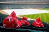Baseball fans wait out a rain delay before a baseball game between the Oakland Athletics and the Texas Rangers, Saturday, April 13, 2019, in Arlington, Texas. The Rangers delayed the start time of Saturday's game due to inclement weather. (AP Photo/Sam Hodde)