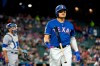Texas Rangers' Shin-Soo Choo reacts after striking out against Toronto Blue Jays starting pitcher Trent Thornton during the fourth inning of a baseball game Friday, May 3, 2019, in Arlington, Texas. (AP Photo/Jeffrey McWhorter)