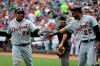 Detroit Tigers' Miguel Cabrera (24) is congratulated by Victor Reyes (22) after Cabrera scored against the Texas Rangers during the fourth inning of a baseball game Sunday, Aug 4, 2019, in Arlington, Texas. (AP Photo/Michael Ainsworth)