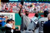 New York Yankees' CC Sabathia acknowledges cheers from fans after he was celebrated by the Texas Rangers in the second inning of a baseball game in Arlington, Texas, Sunday, Sept. 29, 2019. (AP Photo/Tony Gutierrez)