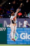 Baltimore Orioles second baseman Jonathan Villar leaps for but is unable to reach an RBI single by Texas Rangers' Isiah Kiner-Falefa during the fourth inning of a baseball game in Arlington, Texas, Tuesday, June 4, 2019. (AP Photo/Tony Gutierrez)
