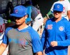 Chicago Cubs' pitchers Yu Darvish (11) and Cole Hamels (35), former Rangers' pitchers leave the dugout during the baseball game against the Texas Rangers Thursday, March 28, 2019 in Arlington, Texas. (AP Photo/Richard W. Rodriguez)