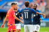 France's Kingsley Coman celebrates his opening goal with France's Jonathan Ikone during the Euro 2020 group H qualifying soccer match between France and Andorra at the Stade de France in Saint Denis, north of Paris, France, Tuesday, Sept. 10, 2019. (AP Photo/Michel Euler)
