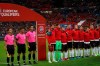 Referees and Albania's soccer team stand during Albania's national anthem, after the wrong one was playing, during of the Euro 2020 group H qualifying soccer match between France and Albania at the Stade de France in Saint Denis, north of Paris, France, Saturday, Sept. 7, 2019. (AP Photo/Christophe Ena)