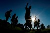Fans arrive at a practice round for the Masters golf tournament Wednesday, April 10, 2019, in Augusta, Ga. (AP Photo/Matt Slocum)