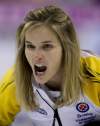 Jonathan Hayward / The Canadian Press
Manitoba skip Jennifer Jones calls a shot during an afternoon draw against Newfoundland and Labrador at the Scotties Tournament of Hearts in Red Deer, Alta., on Monday. Manitoba won 8-5.
