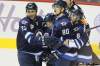 John Woods / Winnipeg Free Press
Winnipeg Jets Dustin Byfuglien (33), Kyle Wellwood (13), Nik Antropov (80) and Alexander Burmistrov (8) celebrate Wellwood's goal against the Carolina Hurricanes in first-period action at the MTS Centre today.