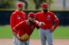 Los Angeles Angels' Jared Walsh works on a drill during spring training baseball in Tempe, Ariz., Friday, Feb. 15, 2019. (AP Photo/Chris Carlson)