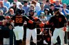 San Francisco Giants' Yangervis Solarte celebrates at the dugout after scoring on a sacrifice fly by Evan Longoria during first inning of a spring baseball game against the Kansas City Royals in Scottsdale, Ariz., Wednesday, Feb. 27, 2019. (AP Photo/Chris Carlson)