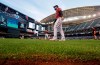 Arizona Diamondbacks' Steven Souza Jr. walks on new turf at the team's home field before a spring training baseball game against the Chicago White Sox, Monday, March 25, 2019, in Phoenix, Ariz. The synthetic grass at Chase Field is designed specifically for baseball. The team previously played on grass there. (AP Photo/Elaine Thompson)