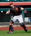 San Francisco Giants catcher Buster Posey works out during a spring training baseball practice, Friday, Feb. 15, 2019, in Scottsdale, Ariz. (AP Photo/Matt York)