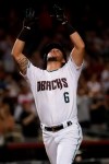 Arizona Diamondbacks' David Peralta celebrates his two-run home run against the Philadelphia Phillies during the seventh inning of a baseball game Tuesday, Aug. 6, 2019, in Phoenix. (AP Photo/Matt York)
