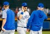 Chicago Cubs' Ben Zobrist, center, is congratulated by manager Joe Maddon, right, following a fifteen inning, 6-5 victory against Arizona Diamondbacks during a baseball game, Sunday, April 28, 2019, in Phoenix. Zobrist had the game winning RBI double in the victory. (AP Photo/Ralph Freso)