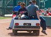 Cleveland Indians' Jose Ramirez is taken off the field on a cart after an injury during the third inning of the team's spring training baseball game against the Chicago White Sox on Sunday, March 24, 2019, in Glendale, Ariz. (AP Photo/Sue Ogrocki)