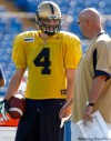 JOE.BRYKSA@FREEPRESS.MB.CA
New Winnipeg Blue Bombers quarterback Adam DiMichele has a chat with head coach Mike Kelly at practice Thursday afternoon at CanadInns Stadium in Winnipeg.