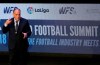 FILE - In this Monday, Sept. 24, 2018 file photo, Javier Tebas, the president of the Spanish La Liga, speaks during the World Football summit in Madrid, Spain. The Spanish soccer league says the country's data protection agency doesn't understand the technology being used on its official app. The league was fined 250,000 euros ($283,000) for using a microphone in its app, but says it will challenge the decision. (AP Photo/Paul White, File)