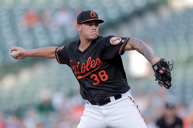Baltimore Orioles starting pitcher Aaron Brooks throws to a Toronto Blue Jays batter during the first inning of a baseball game Friday, Aug. 2, 2019, in Baltimore. (AP Photo/Julio Cortez)