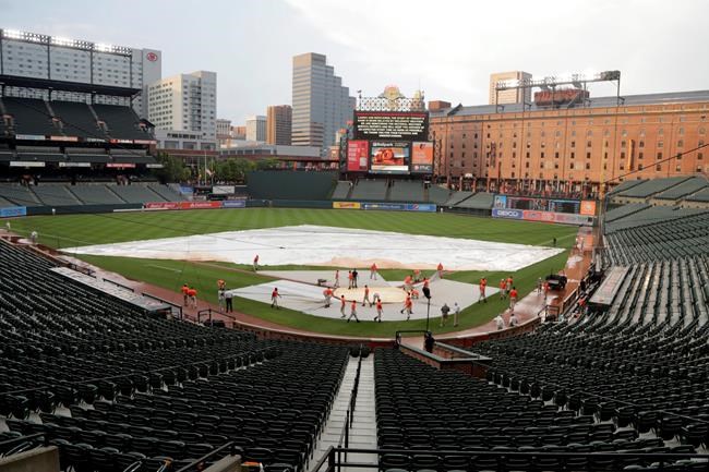 Grounds crew members work on pulling a tarp off the field during a rain delay of a baseball game between the Baltimore Orioles and the New York Yankees, Tuesday, Aug. 6, 2019, in Baltimore. (AP Photo/Julio Cortez)