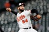Baltimore Orioles starting pitcher Gabriel Ynoa throws to a Toronto Blue Jays batter during the first inning of a baseball game Thursday, Sept. 19, 2019, in Baltimore. (AP Photo/Julio Cortez)