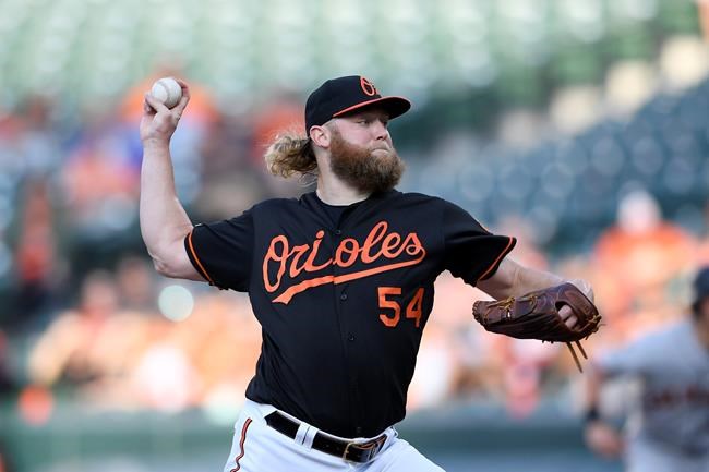 Baltimore Orioles starting pitcher Andrew Cashner delivers during the first inning of a baseball game against the San Francisco Giants, Friday, May 31, 2019, in Baltimore. (AP Photo/Nick Wass)