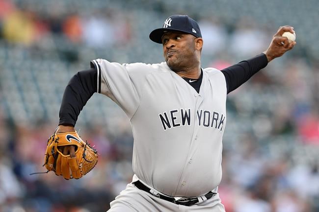 New York Yankees' CC Sabathia pitches during the first inning of the team's baseball game against the Baltimore Orioles, Wednesday, May 22, 2019, in Baltimore. (AP Photo/Nick Wass)