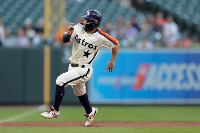 Houston Astros' Jose Altuve runs the bases before scoring on a hit by Alex Bregman during the first inning of a baseball game against the Baltimore Orioles, Friday, Aug. 9, 2019, in Baltimore. (AP Photo/Julio Cortez)