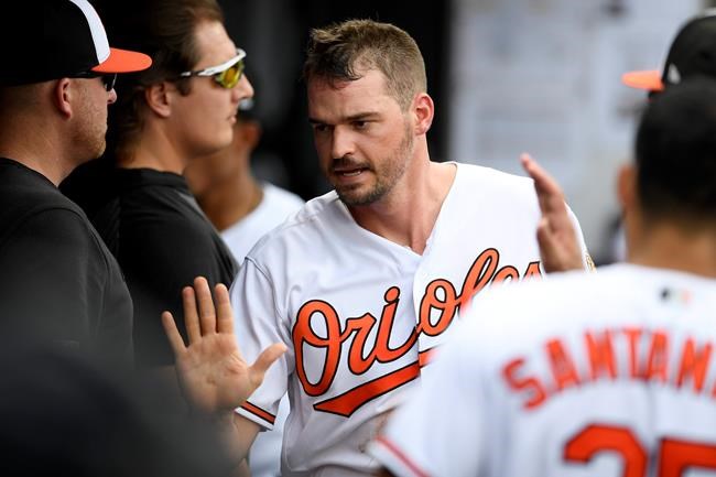 Baltimore Orioles' Trey Mancini reacts in the dugout after he scored on a bases-loaded walk to teammate Chance Sisco during the fifth inning of a baseball game against the Toronto Blue Jays, Sunday, Aug. 4, 2019, in Baltimore. (AP Photo/Nick Wass)