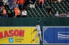 Seattle Mariners left fielder Shed Long leaps for but is unable to catch a three-run home run by Baltimore Orioles' Anthony Santander off Mariners starting pitcher Felix Hernandez during the first inning of a baseball game, Friday, Sept. 20, 2019, in Baltimore. Orioles' Jonathan Villar and Trey Mancini also scored on the play. (AP Photo/Julio Cortez)