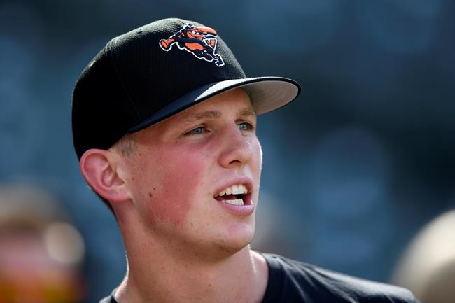 Baltimore Orioles first-round draft pick Adley Rutschman stands on the field during batting practice before a baseball game against the San Diego Padres, Tuesday, June 25, 2019, in Baltimore. (AP Photo/Nick Wass)