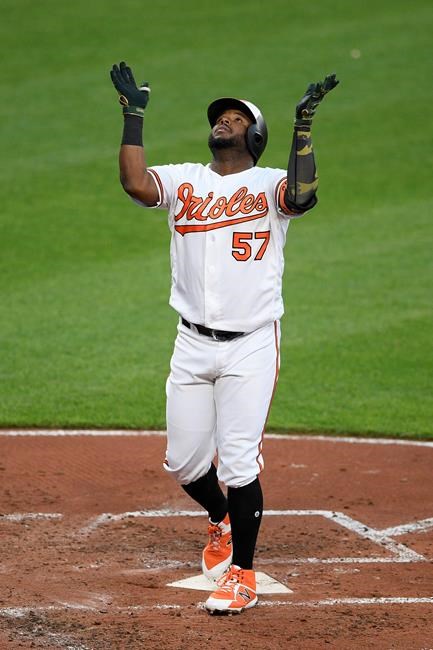 Baltimore Orioles' Hanser Alberto celebrates his home run during the third inning of a baseball game against the New York Yankees, Monday, May 20, 2019, in Baltimore. (AP Photo/Nick Wass)