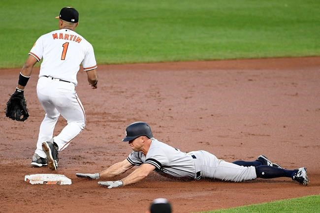 New York Yankees' Brett Gardner slides into second with a double during the third inning of a baseball game, next to Baltimore Orioles shortstop Richie Martin on Wednesday, May 22, 2019, in Baltimore. (AP Photo/Nick Wass)