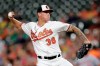 Baltimore Orioles starting pitcher Aaron Brooks throws to a Washington Nationals batter during the first inning of a baseball game, Wednesday, July 17, 2019, in Baltimore. (AP Photo/Julio Cortez)