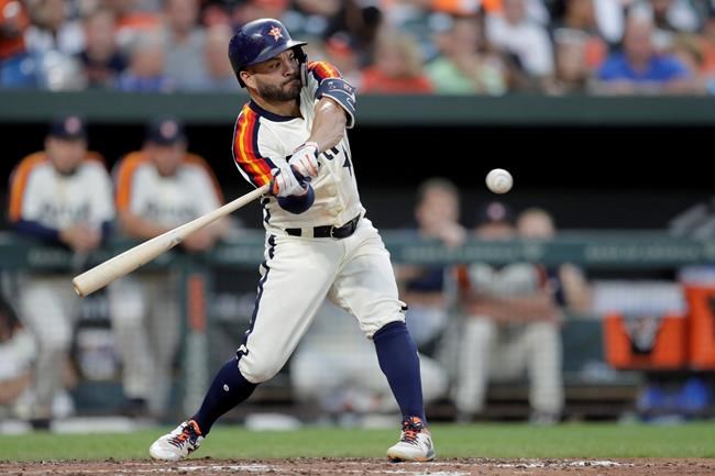Houston Astros' Jose Altuve swings at a pitch from Baltimore Orioles starting pitcher Dylan Bundy during the second inning of a baseball game, Friday, Aug. 9, 2019, in Baltimore. (AP Photo/Julio Cortez)