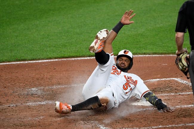 Baltimore Orioles' Hanser Alberto slides home to score a run on a single by Dwight Smith Jr. during the fourth inning of a baseball game against the New York Yankees, Monday, May 20, 2019, in Baltimore. (AP Photo/Nick Wass)