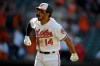 Baltimore Orioles' Rio Ruiz reacts towards the dugout on his way to first to round the bases after he hit a two-run walkoff home run in a baseball game against the Houston Astros, Sunday, Aug. 11, 2019, in Baltimore. The Orioles won 8-7. (AP Photo/Nick Wass)