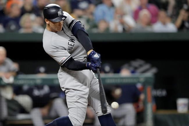 New York Yankees' Aaron Judge singles off Baltimore Orioles relief pitcher Tayler Scott during the sixth inning of a baseball game Wednesday, Aug. 7, 2019, in Baltimore. (AP Photo/Julio Cortez)