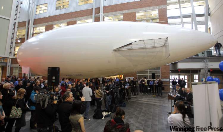 Boris Minkevich / Winnipeg Free Press
A Manitoba-built airship has been unveiled. The 25-metre MB80, also being dubbed the Sky Whale, was put on display Monday afternoon.
